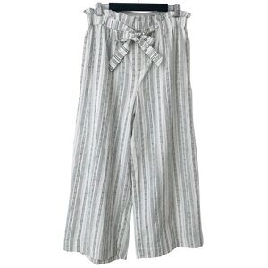 Doe & Rae Linen High Waist Paperbag Drawstring Wide Leg Stripped Cropped Pants